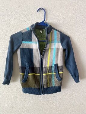 Tea Collection Blue Plaid Zip Knit Jacket with Green & Yellow Accents size S 4/5